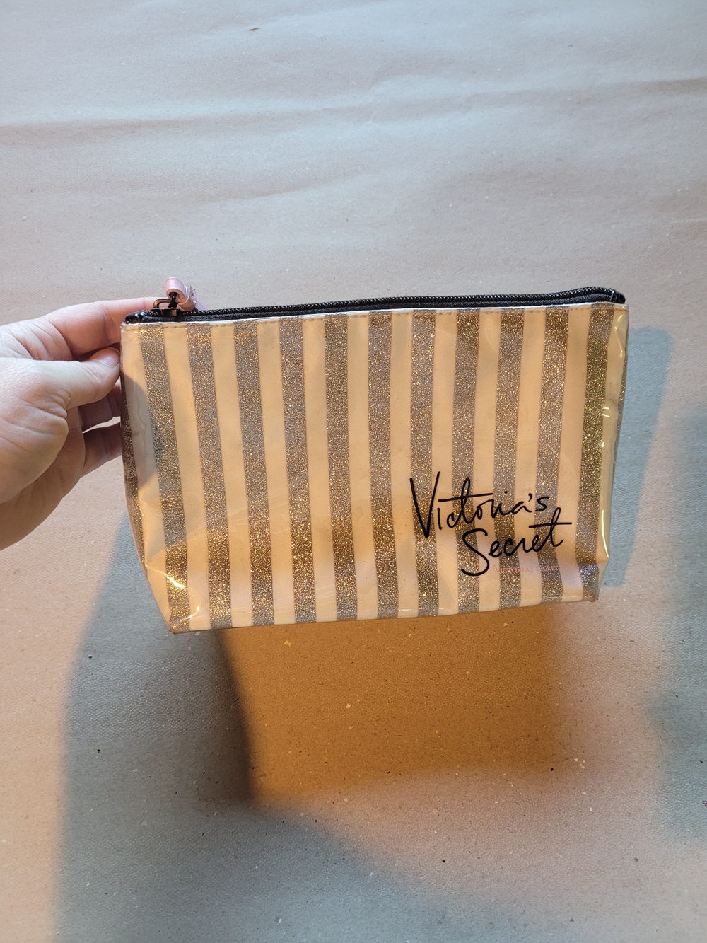Victoria's Secret Silver & White Stripe Cosmetic Bag